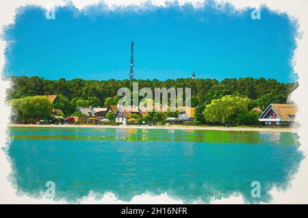 Watercolor drawing of Small fishing village Nida with traditional houses on the shore of lagoon in National Park Kursiu nerija, the Curonian Spit, Bal Stock Photo