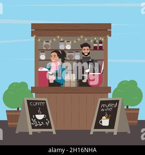 Counters Stalls. Stall with coffee and mulled wine. The guy and the girl sell. Vector illustration Stock Vector
