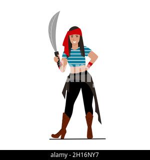 Armed pirate. Young beautiful pirate with a saber in hand. Vector character Stock Vector