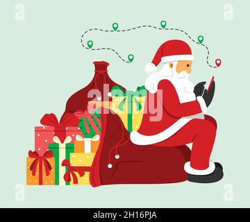The Santa Claus Sit on a Pile of Gift Boxes and Search a Location on Mobile Phone. Stock Vector
