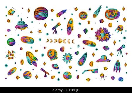 Bright space doodle sticker set. Planets, rockets, stars, comets, asteroids isolated on white background. Gradient pink, orange, green neon color astr Stock Vector