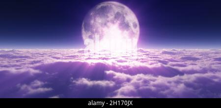 above clouds full moon illustration, 3d rendering Stock Photo