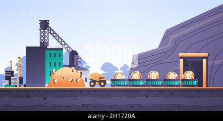 industrial factory bitcoin mining conveyor golden coin digital money production cryptocurrency blockchain Stock Vector