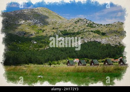 Watercolor drawing of Small houses and grass meadow near Negushi village in front of rocks mountains, Montenegro Stock Photo