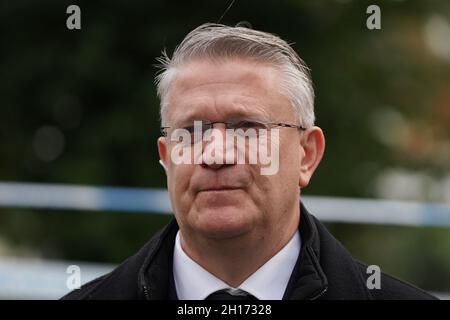 Andrew Richard Rosindell, Conservative MP for the Romford, at the scene near Belfairs Methodist Church in Eastwood Road North, Leigh-on-Sea, Essex, where Conservative MP Sir David Amess died after he was stabbed several times at a constituency surgery on Friday. Picture date: Sunday October 17, 2021. Stock Photo