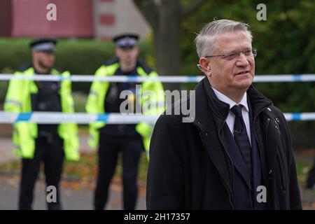 Andrew Richard Rosindell, Conservative MP for the Romford, at the scene near Belfairs Methodist Church in Eastwood Road North, Leigh-on-Sea, Essex, where Conservative MP Sir David Amess died after he was stabbed several times at a constituency surgery on Friday. Picture date: Sunday October 17, 2021. Stock Photo