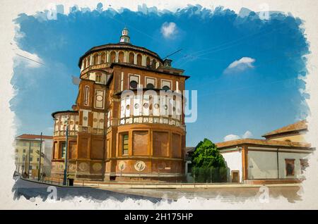 Watercolor drawing of Santa Maria delle Grazie church brick building with famous Last supper fresco Cenacolo Vinciano by Leonardo da Vinci, Milan, Lom Stock Photo