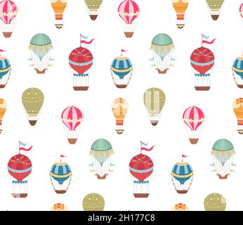 Seamless pattern witn vintage hot air balloons with ribbons and flags on white background. Wallpaper with retro air transport. Vector flat texture wit Stock Vector
