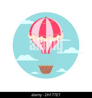 Illustration of vintage hot air balloon with ribbons in the sky with cloud. Retro air transport. Vector flat image of cartoon balloons with baskets fo Stock Vector