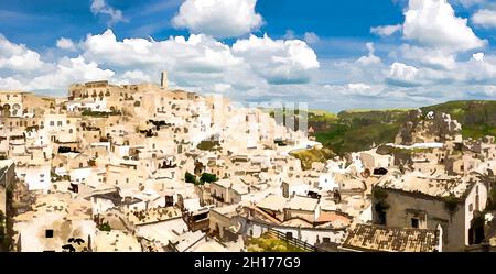 Watercolor drawing of Aerial panoramic view of historical centre Sasso Caveoso of old ancient town Sassi di Matera with rock cave houses, blue sky whi Stock Photo