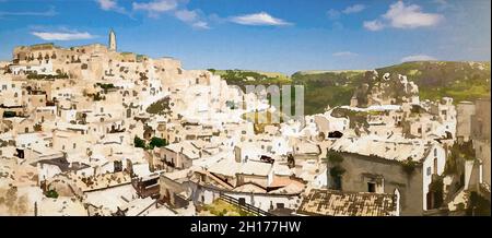 Watercolor drawing of Aerial panoramic view of historical centre Sasso Caveoso of old ancient town Sassi di Matera with rock cave houses, UNESCO World Stock Photo