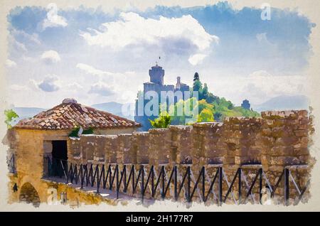 Watercolor drawing of Stone brick fortress wall with merlons of Prima Torre Guaita first tower and Seconda Torre La Cesta second tower on Mount Titano Stock Photo