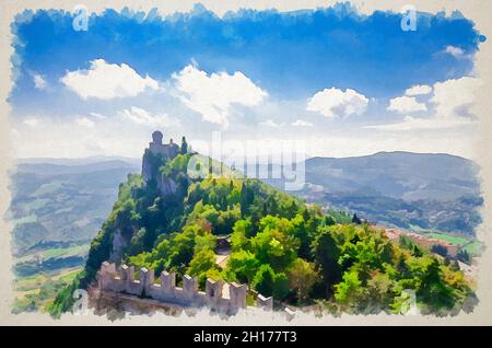 Watercolor drawing of Republic San Marino Seconda Torre La Cesta second fortress tower with brick walls on Mount Titano stone rock, green trees, aeria Stock Photo