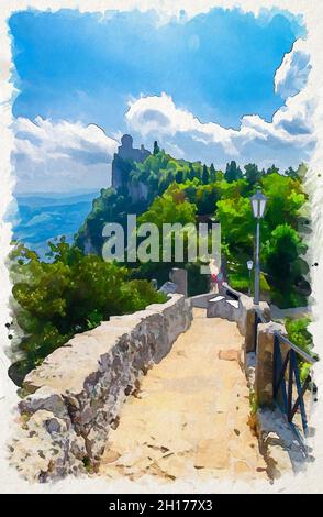 Watercolor drawing of Stone road to Seconda Torre La Cesta Republic San Marino second fortress tower with brick walls on Mount Titano rock with green Stock Photo