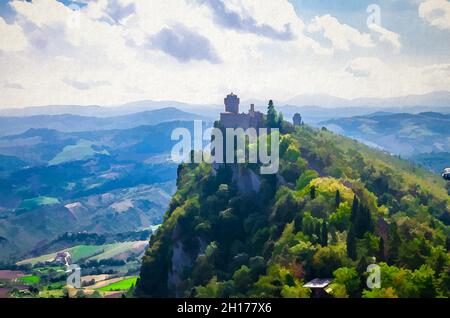 Watercolor drawing of Republic San Marino Seconda Torre La Cesta second fortress tower with brick walls on Mount Titano stone rock, green trees, aeria Stock Photo