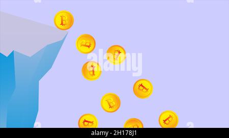 The Fallen In Price Bitcoin Flying Down On Red Arrow. Bankrupt Bitcoin. illustration flat vector template Stock Vector