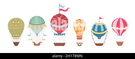 Set of vintage hot air balloons with ribbons and flags. Retro air transport. Vector flat cartoon balloons with baskets for stickers and postcards. Stock Vector