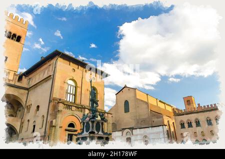 Watercolor drawing of Neptune Fountain Fontana del Nettuno, Palazzo Re Enzo palace and Basilica di San Petronio church building on Piazza Maggiore squ Stock Photo