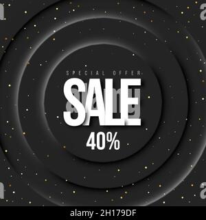 Sale 40 percent off on a black background. Sales background . Black round shapes with shadow. Stock Vector