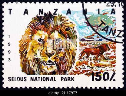 TANZANIA - CIRCA 1993: a stamp printed in Tanzania dedicated to Selous national park, circa 1993 Stock Photo
