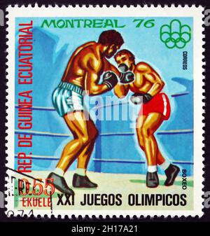 EQUATORIAL GUINEA - CIRCA 1978: a stamp printed in Equatorial Guinea shows Boxing, Summer Olympics 1976, Montreal, circa 1978 Stock Photo