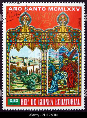 EQUATORIAL GUINEA - CIRCA 1975: a stamp printed in Equatorial Guinea shows Cross Monastery in Jerusalem, circa 1975 Stock Photo