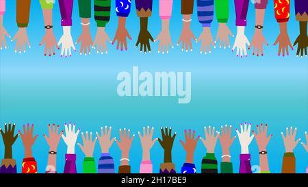 Hands of diverse group of people putting together. Stock Vector