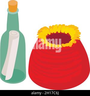 Marine find icon isometric vector. Red tube giant sponge and message in bottle. Marine adventure, bottle with note Stock Vector