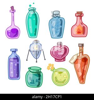 Set of various magical potions, poisons and antidotes. Alchemy and Potion Making. Witch tinctures. Vector hand drawn flat bottles, flasks and jars for Stock Vector