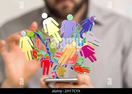 A person presenting the virtual projection of digital conference connection over smartphone Stock Photo