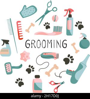 Set of Products for grooming, pet shop. Combs, scissors, clipper, nippers, sprays, bones, care products. Objects isolated on white background, cartoon style. Vector illustration Stock Vector