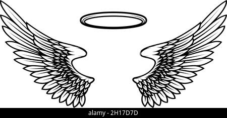 Angels wings with nimbus. Design element for poster, card, banner, t shirt. Vector illustration Stock Vector