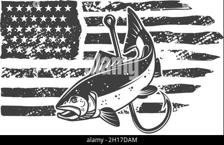 American flag with salmon fish illustration. Design element for poster, card, banner, t shirt. Vector illustration Stock Vector