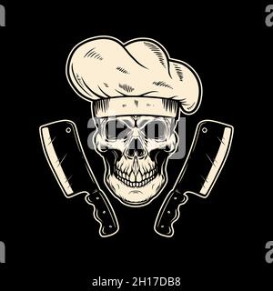 Illustration of chef skull and meat cleavers. Design element for logo, label, sign, emblem. Vector illustration Stock Vector