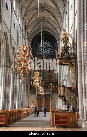 Sweden, Uppsala - April 19 2019: interior view of Uppsala Cathedral, vaulted ceiling and chandeliers of The Church on April 19 2019 in Uppsala, Sweden Stock Photo