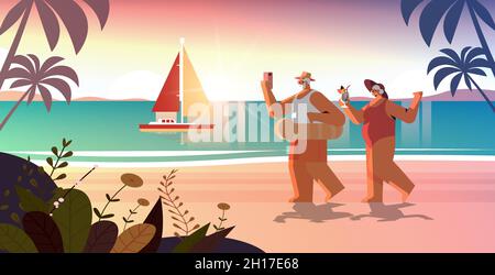 senior couple drinking cocktail and using smartphone on tropical beach grandparents having fun summer vacation Stock Vector