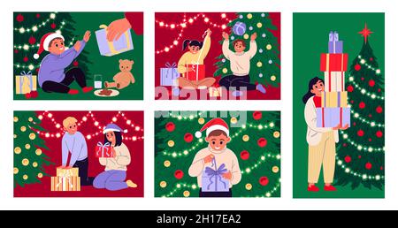 Set of children with Christmas and New Years gifts. Stock Photo