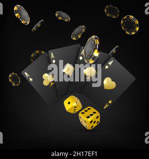 Gold dices black playing cards four aces and falling poker chips. Casino big win poster. 3d design element for gambling banner. Vector illustration Stock Vector