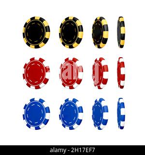 Casino chip in black blue and red colors. 3d realistic render poker chips. Plastic gambling isolated on white background. Vector illustration Stock Vector