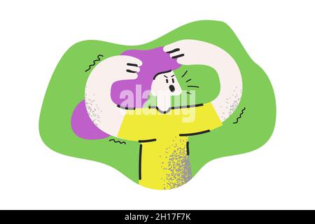Young angry woman cartoon character isolated on a green background. Unhappy girl with hands raised at the head feeling negative emotions. Emotional stress, conflict expressions vector concept. Stock Vector