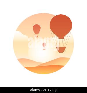 Illustration of vintage hot air balloon with in the sky, sunrise and hills. Silhouette of aerostat. Vector gradient image of balloons with baskets for Stock Vector