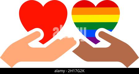 Hands gesture with heart and flag of pride lgbt, drawn fingers hold symbol lgbtq Stock Vector