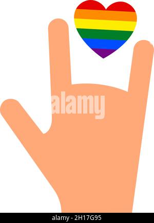 Hand gesture rock on with heart and flag of pride lgbt, drawn fingers hold symbol lgbtq Stock Vector