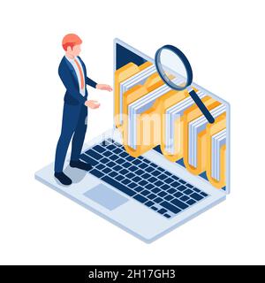 Flat 3d Isometric Businessman Manage Folders and Files on Laptop Screen. Administration and Database File Management Concept. Stock Vector