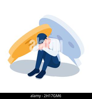 Flat 3d Isometric Sad Businessman Sitting Under Speech Bubbles. Hate Speech and Cyberbullying Concept. Stock Vector