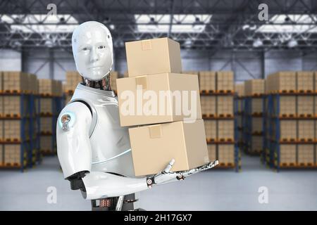 Automatic warehouse concept with 3d rendering robot arm with forklift ...