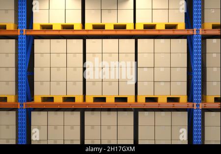 3d rendering warehouse rack full with cardboard boxes Stock Photo