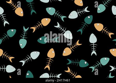 Multi colored seamless pattern with fish skeletons on black background. Seamless repeating pattern with fish bones.Fishbones print.Vector illustration Stock Vector