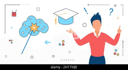 Gaining new knowledge and importance of education, skills training. Self-education on Internet, online school, flat vector design isolated Stock Vector