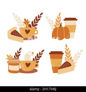 Set of autumn elements. Hot drinks, tea with jam, pumpkin latte, coffee with blueberry pie. For coffee shops, banners, postcards Stock Vector